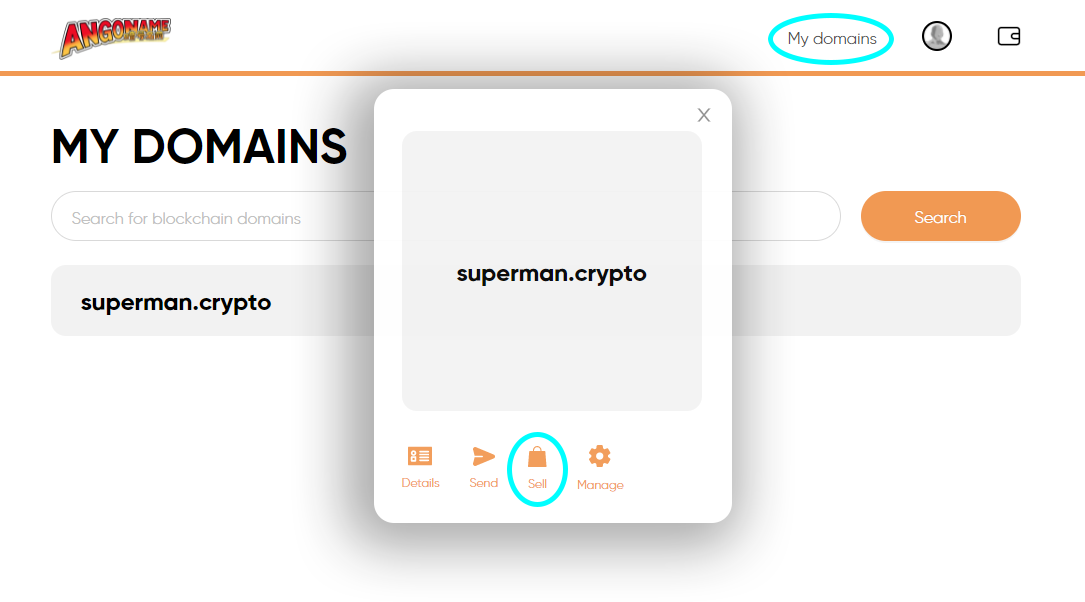 Sell blockchain domain on angoname